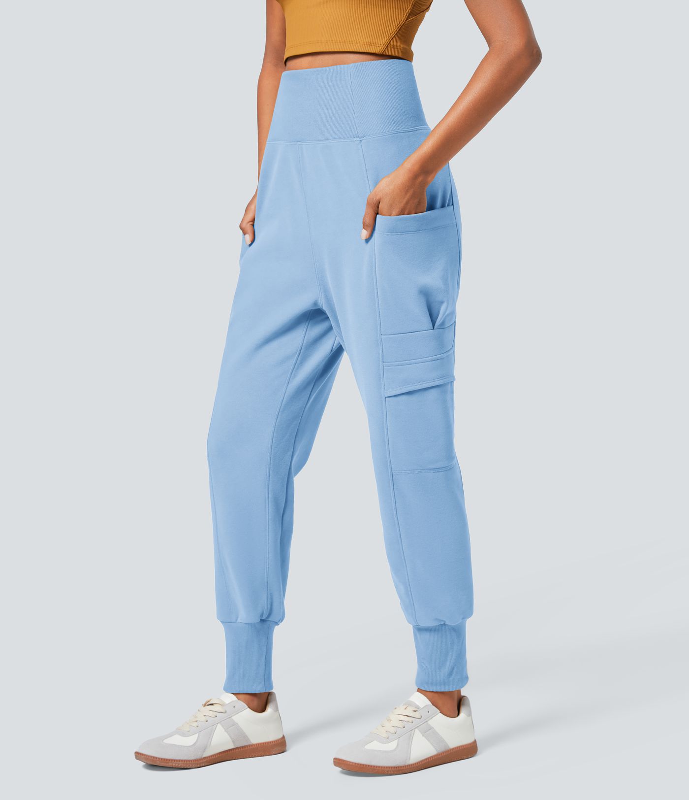 High Waisted Foldover Pocket Harem Fleece Casual Cargo Joggers