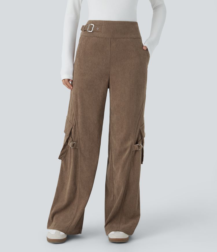 High Waisted Decorative Buckle Pockets Corduroy Casual Cargo Pants