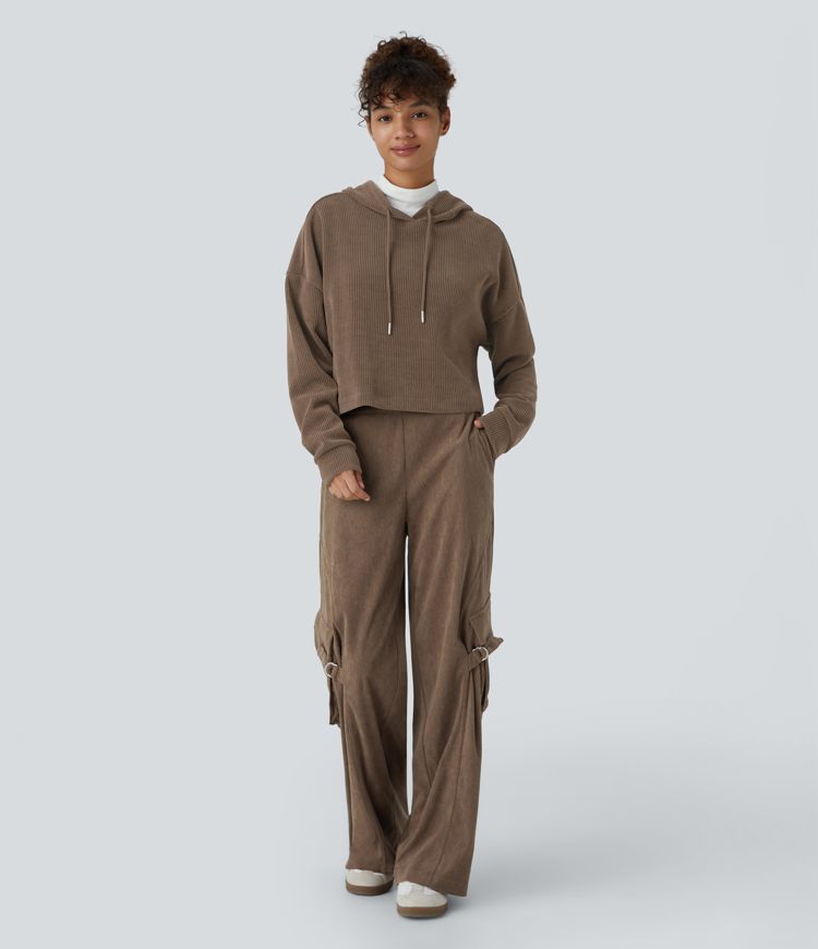 High Waisted Decorative Buckle Pockets Corduroy Casual Cargo Pants