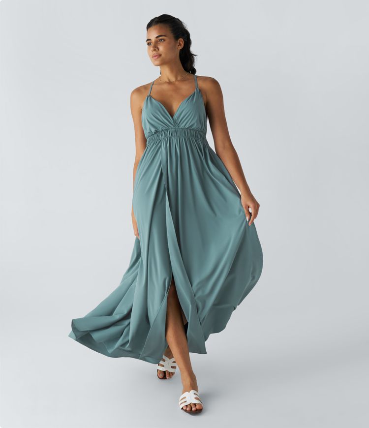 Vestido Breezeful™ lencero secado rápido largo fluido cuello V entrecruzado sin espalda dividido