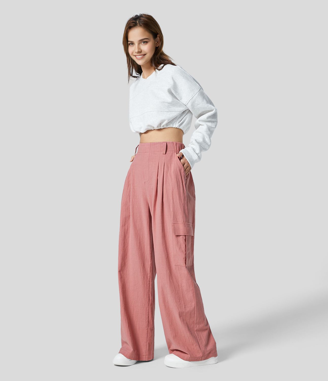 Pantalon Palazzo Fluide à Taille Haute avec Plis et Multiples Poches, Style Décontracté, Aspect Lin