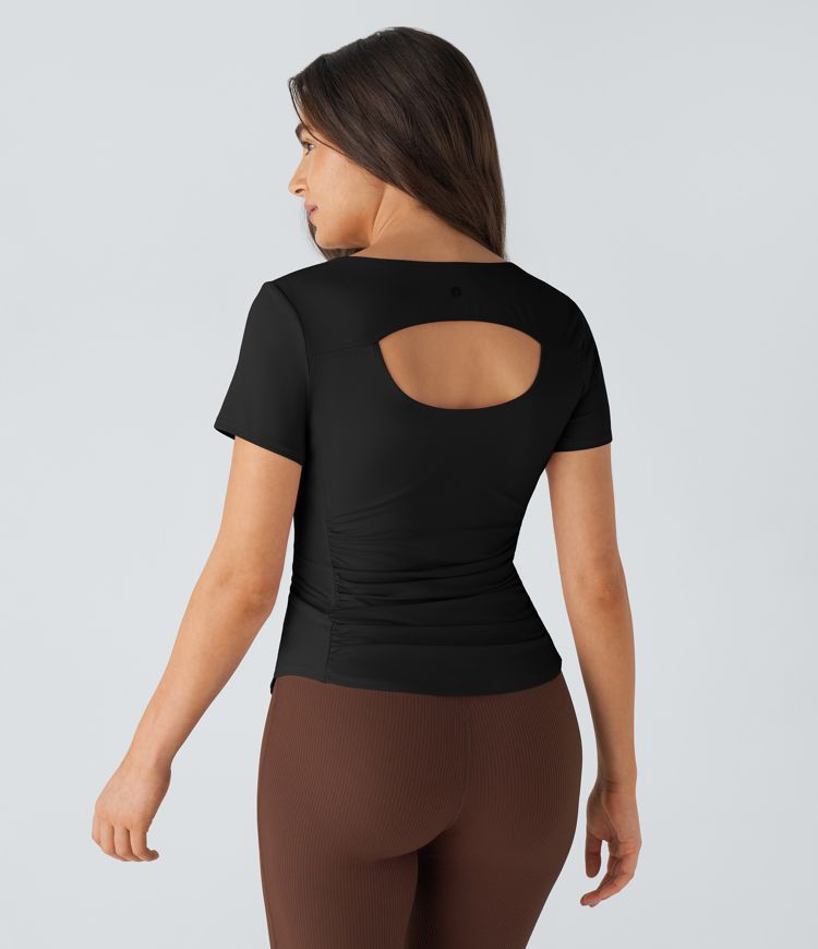 U Neck Short Sleeve Backless Cut Out Ruched Curved Hem Yoga Sports Top