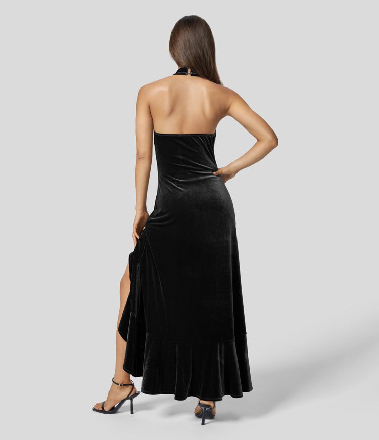 Halter Neck Backless Invisible Zipper Frill Hem Split Velvet Maxi Party Dress