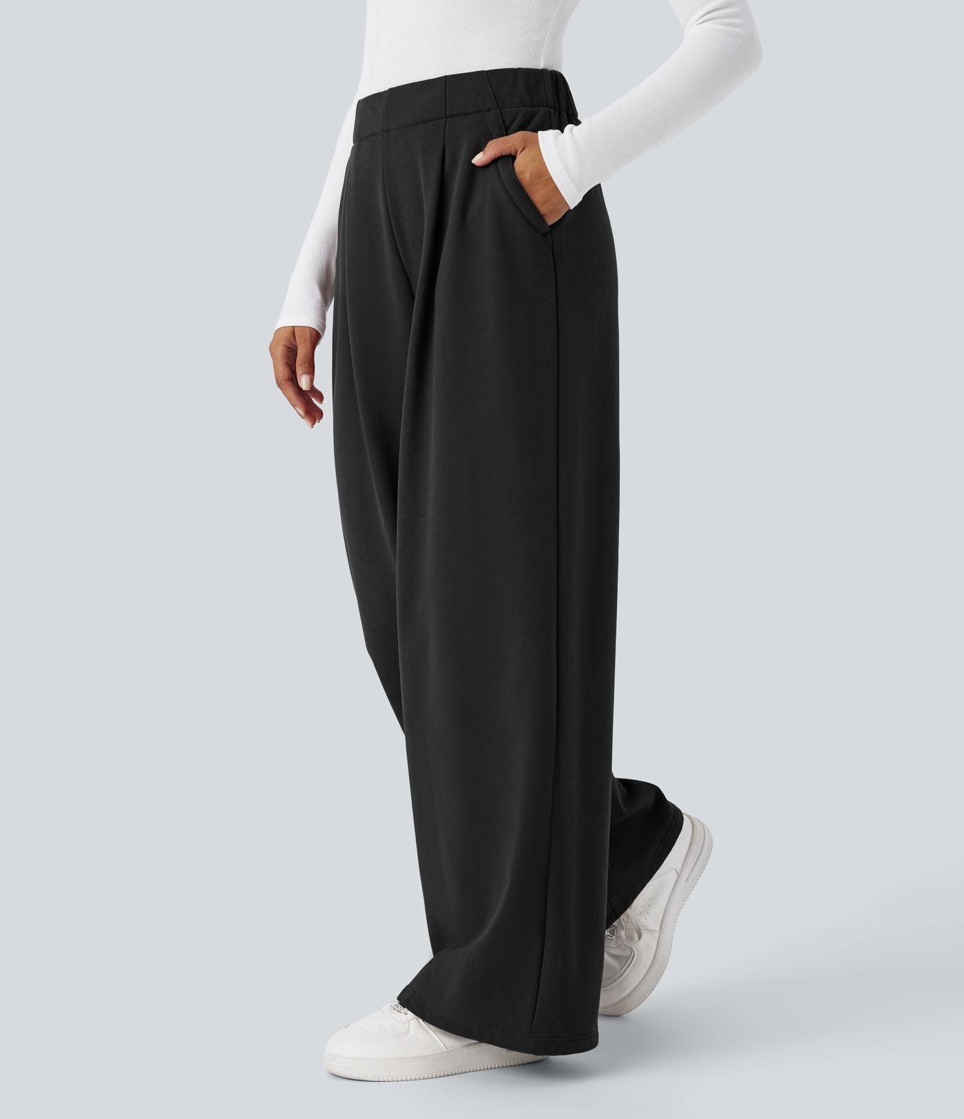 Pantalón polar tiro alto bolsillo lateral pierna ancha