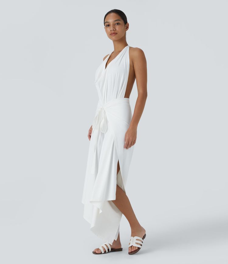 Pantalón palazzo fluido ancho con tiro alto y lazo delantero