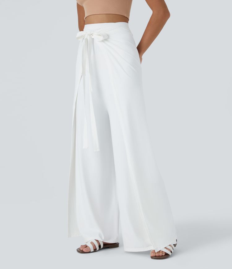 Pantalón palazzo fluido ancho con tiro alto y lazo delantero