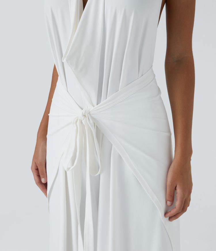 Pantalón palazzo fluido ancho con tiro alto y lazo delantero