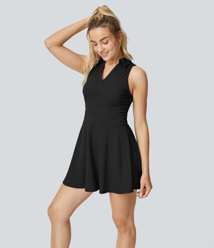 Mini Vestido Softlyzero™ Airy Flare golf cuello polo en V sin mangas 2 piezas bolsillo lateral tacto fresco Golf Tee