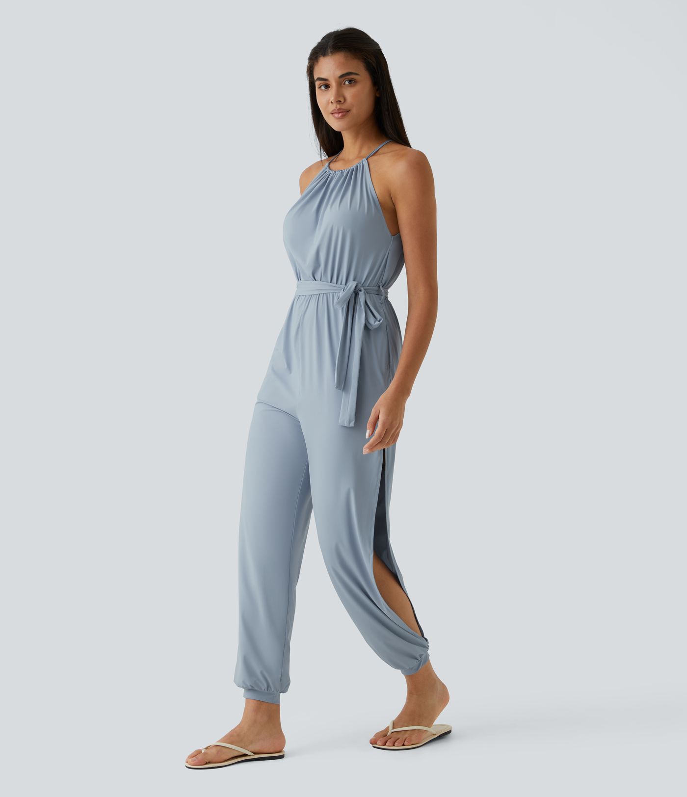 Sleeveless Tie Back Belted Pocket Cut Out Cool Touch Jumpsuit-UPF50+