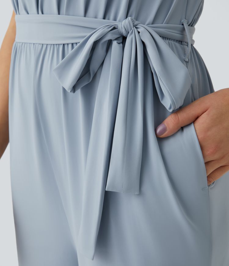 Sleeveless Tie-Back Pleated Jumpsuit with Belt, Side Pockets, Cutouts, Cool-Touch Fabric - UPF50+