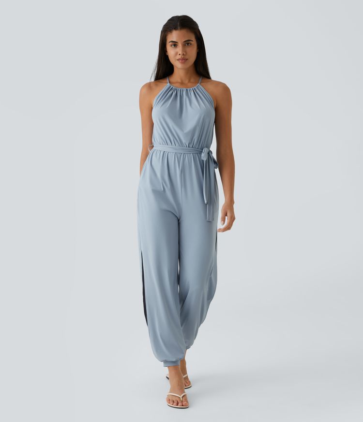 Sleeveless Tie Back Plicated Belted Side Pocket Cut Out Cool Touch Resort Jumpsuit-UPF50+
