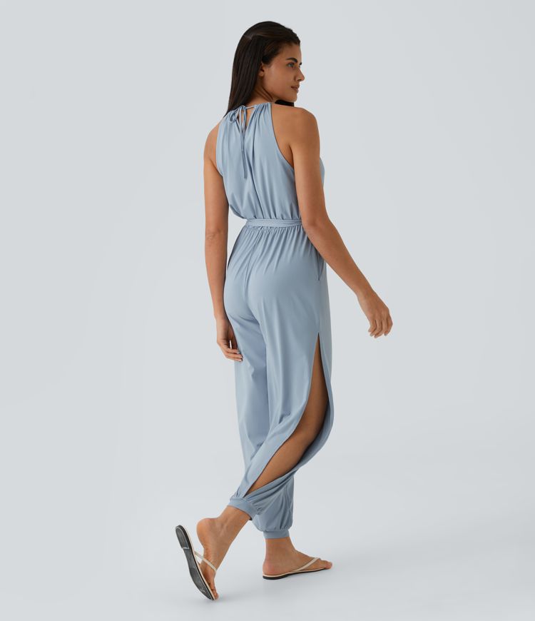 Sleeveless Tie Back Plicated Belted Side Pocket Cut Out Cool Touch Resort Jumpsuit-UPF50+