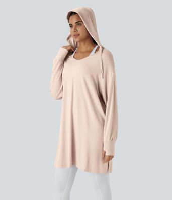 Sweat à capuche à encolure en V, avec cordons et passe-pouces, modèle long décontracté.