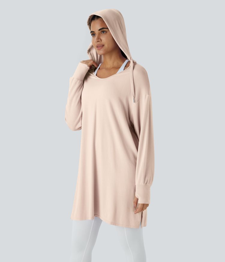 Sweat à capuche à encolure en V, avec cordons et passe-pouces, modèle long décontracté.