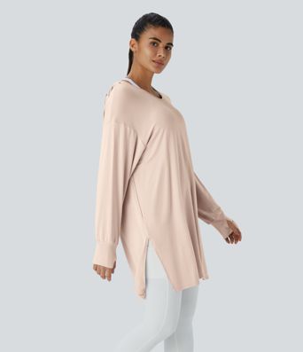 Sweat à capuche à encolure en V, avec cordons et passe-pouces, modèle long décontracté.