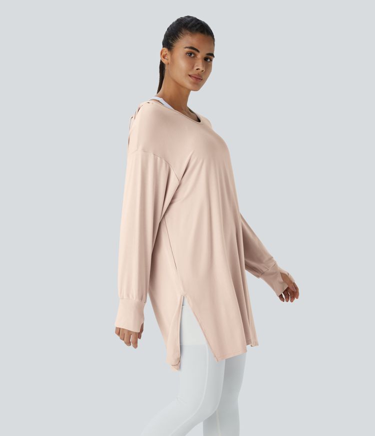 Sweat à capuche à encolure en V, avec cordons et passe-pouces, modèle long décontracté.