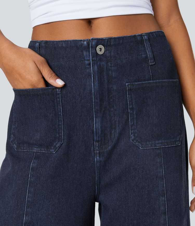 Halara Flex™ Jean Palazzo et Large Taille Haute avec Poches Avant en Tricot Extensible Lavé