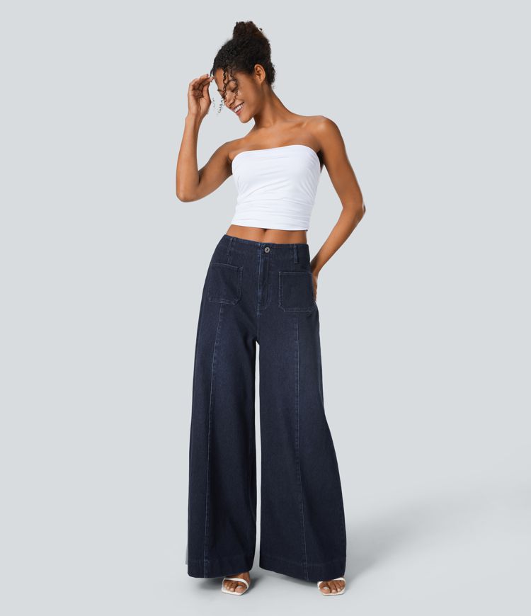 Halara Flex™ Jean Palazzo et Large Taille Haute avec Poches Avant en Tricot Extensible Lavé