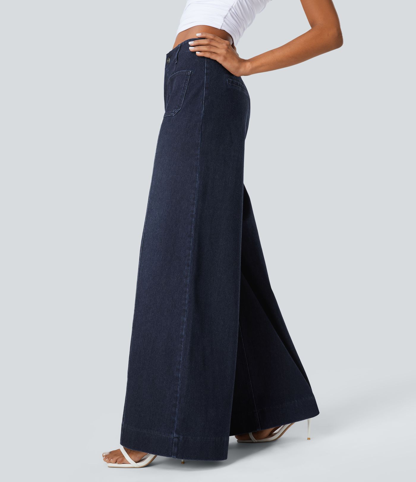 Halara Flex™ High Waisted Pockets Washed Denim Casual Women Wide Leg Baggy Jeans