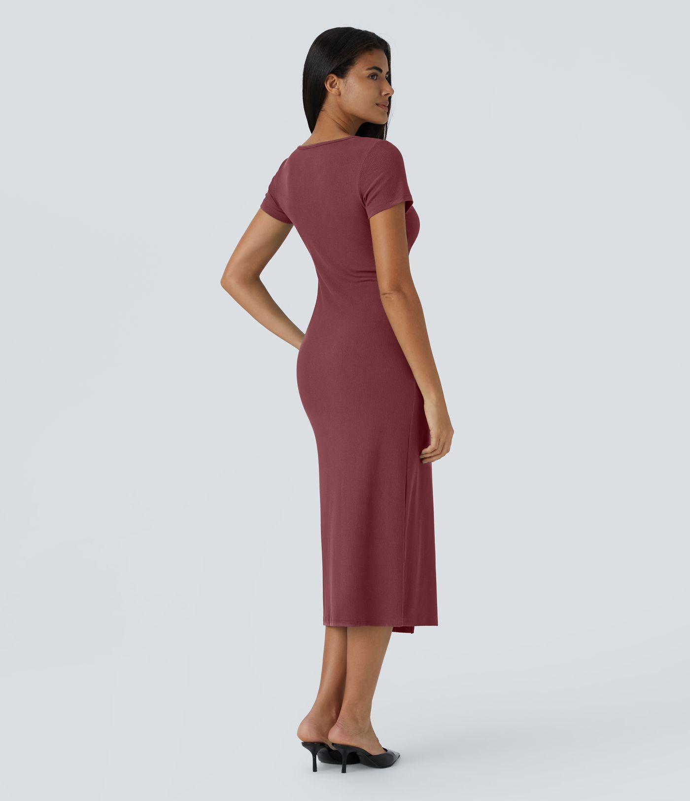 Rib Knit V-Neck Button Split Midi Chic Dress