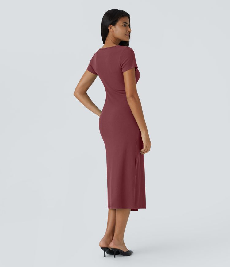 Rib Knit V-Neck Button Split Midi Chic Dress