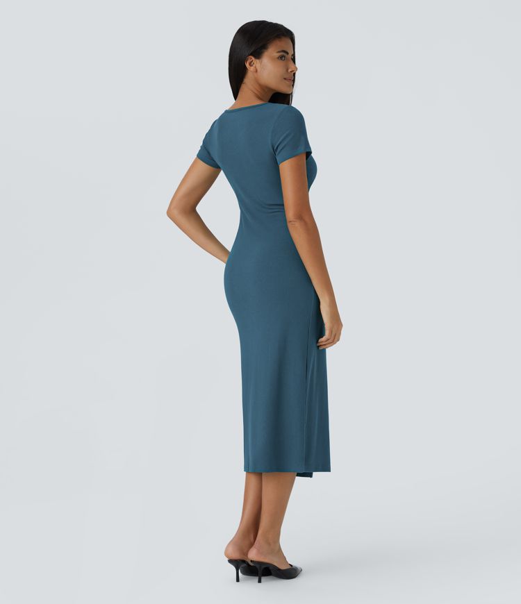 Ribbed Knit V Neck Midi Chill Dress