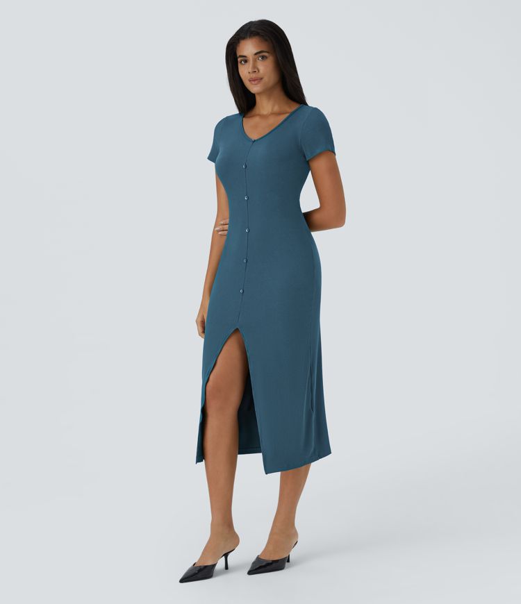 Ribbed Knit V Neck Button Split Midi Chill Dress