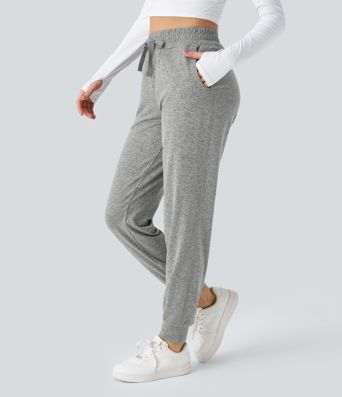 High Waisted Drawstring Pocket Ruched Yoga Joggers with Pockets