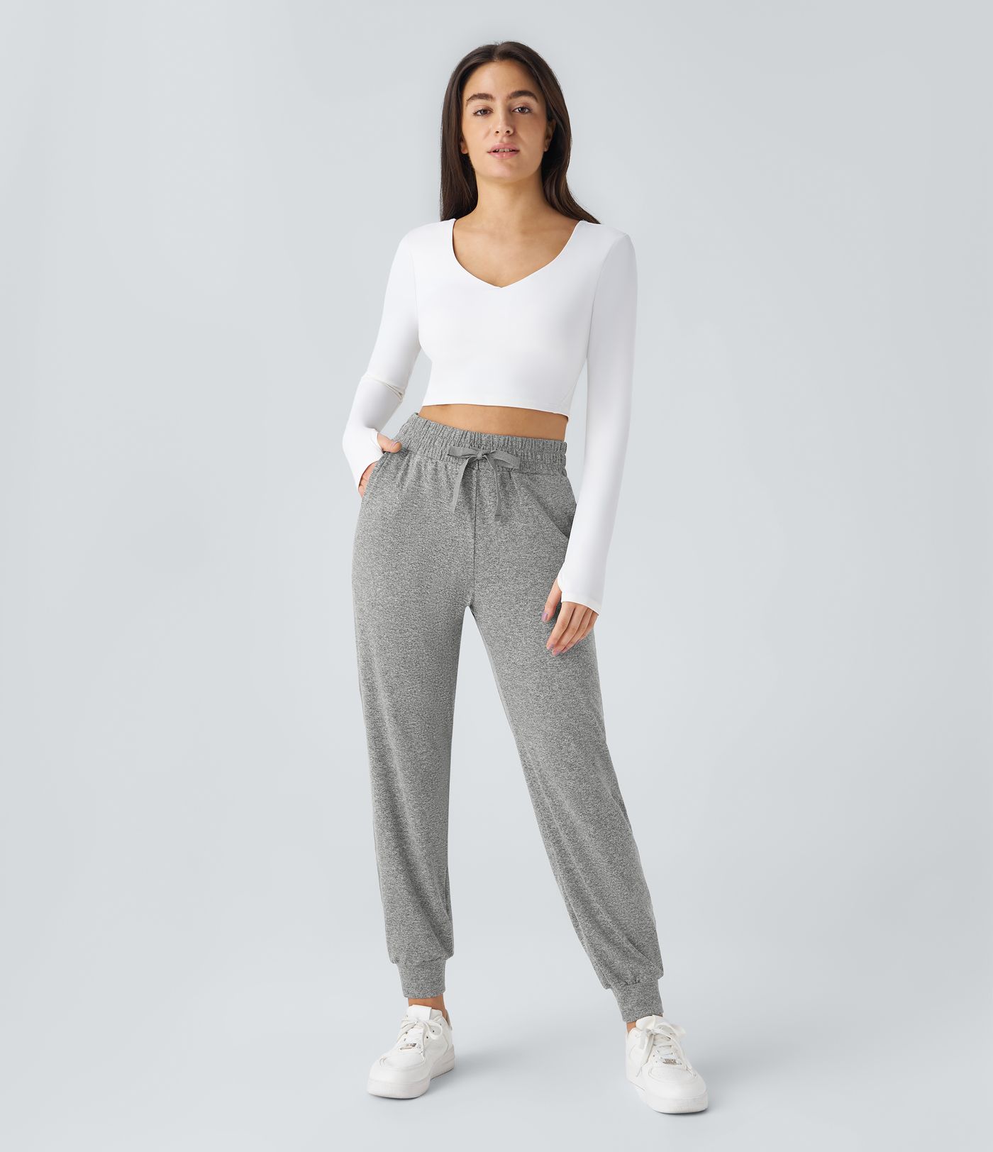 High Waisted Drawstring Pocket Ruched Yoga Joggers with Pockets