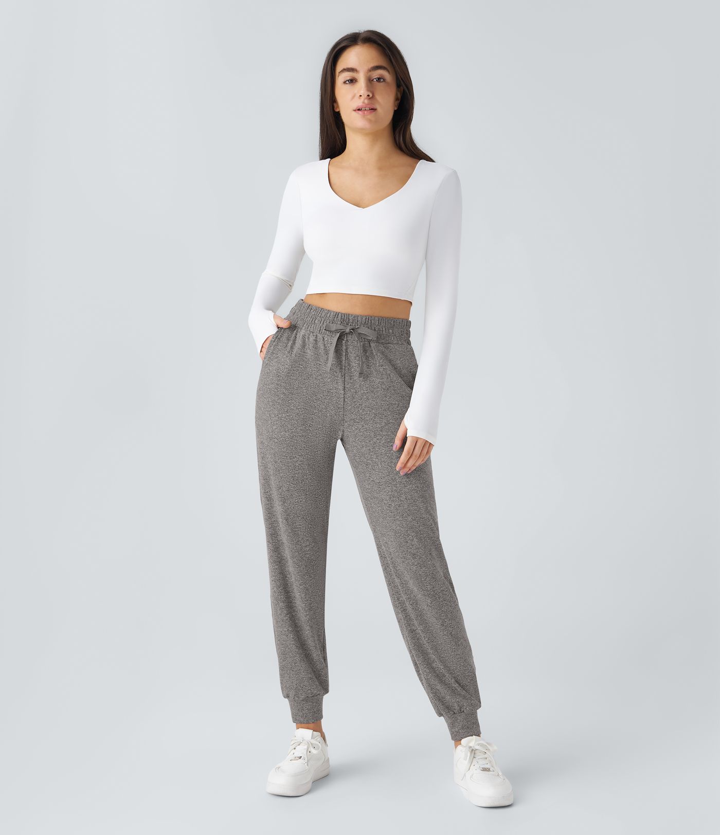 High Waisted Drawstring Pocket Ruched Yoga Joggers with Pockets