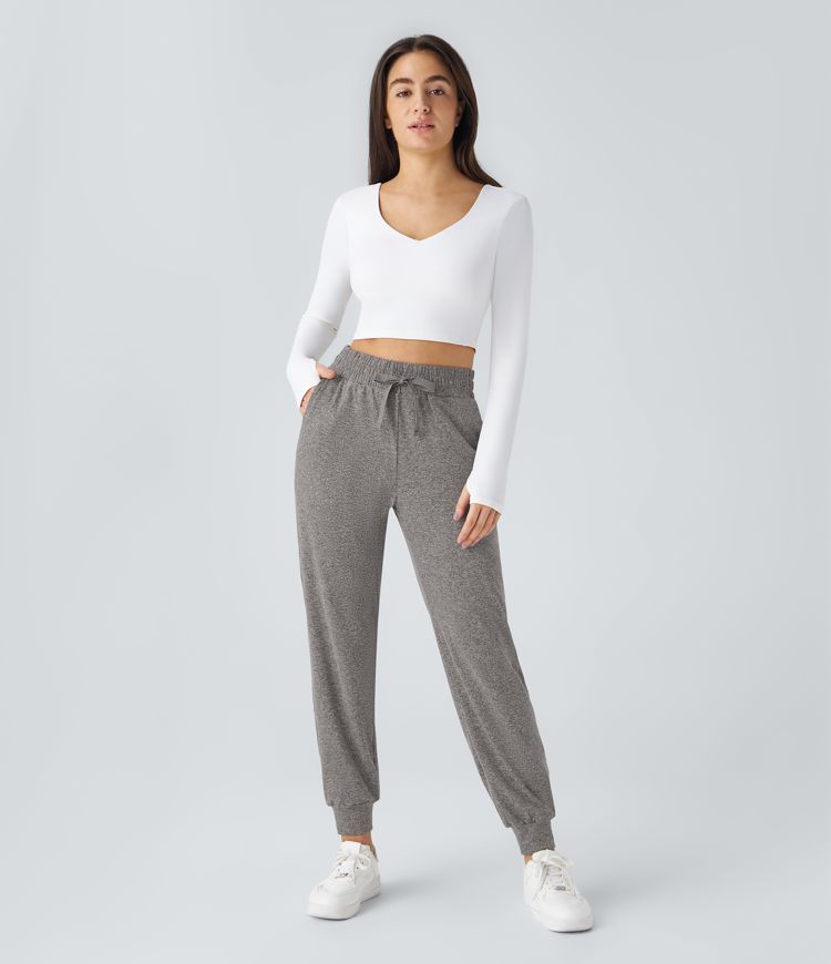 High Waisted Drawstring Pocket Ruched Yoga Joggers with Pockets