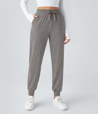 High Waisted Drawstring Pocket Ruched Yoga Joggers with Pockets