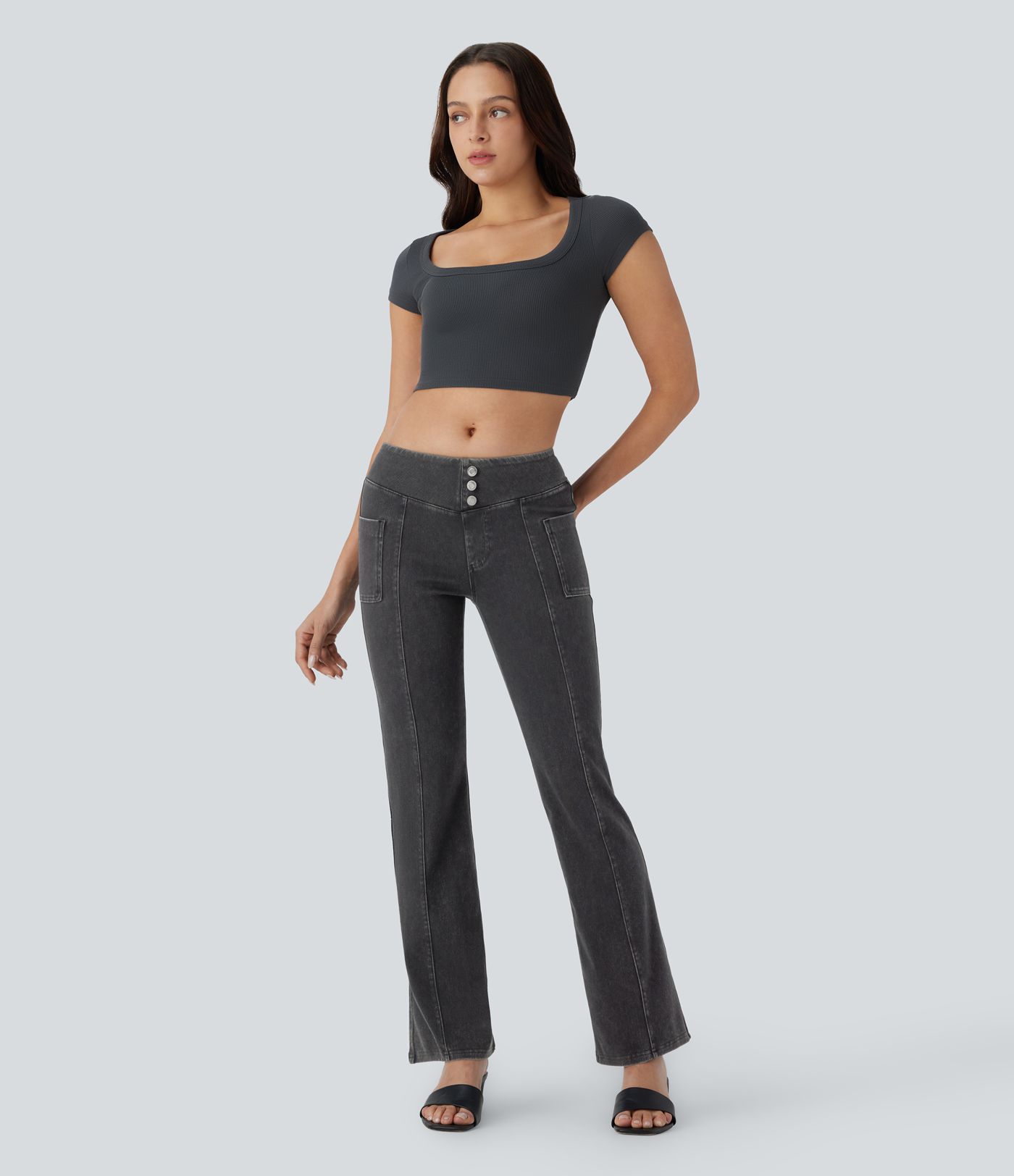 Halara Flex™ Jegging bootcut décontracté extensible délavé taille moyenne avec boutons décoratifs et poches latérales