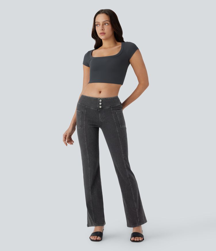 Halara Flex™ Jegging bootcut décontracté extensible délavé taille moyenne avec boutons décoratifs et poches latérales