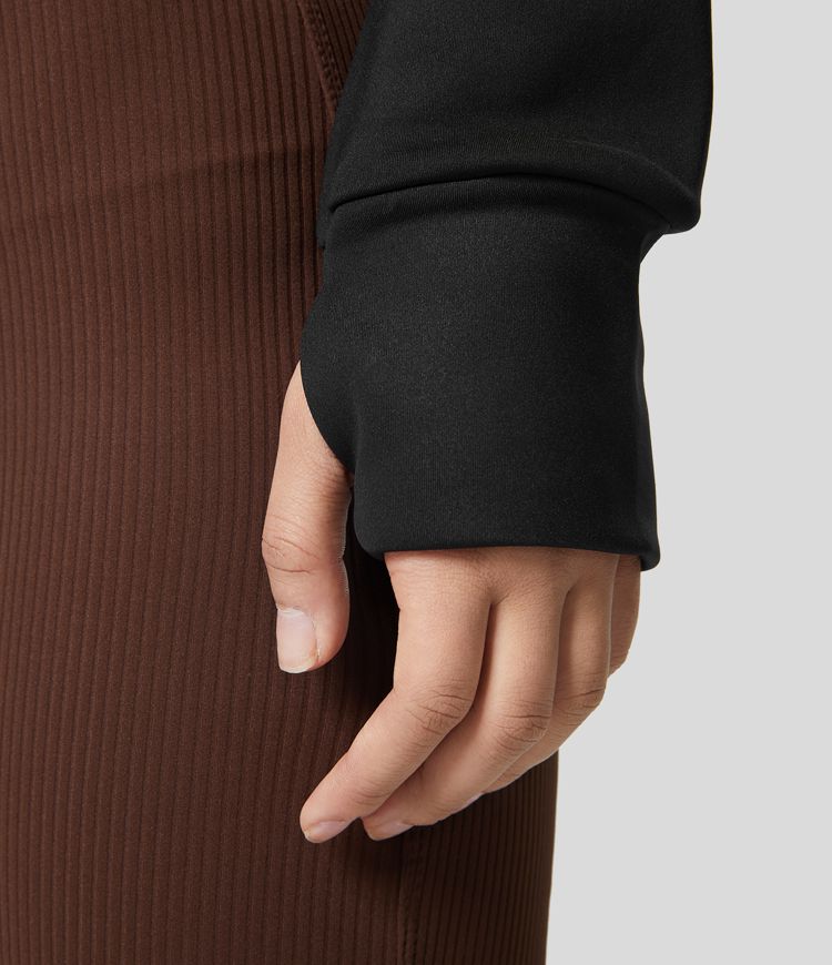 Women’s Hooded Raglan Sleeve Thumb Hole Zipper Fleece Cropped Casual