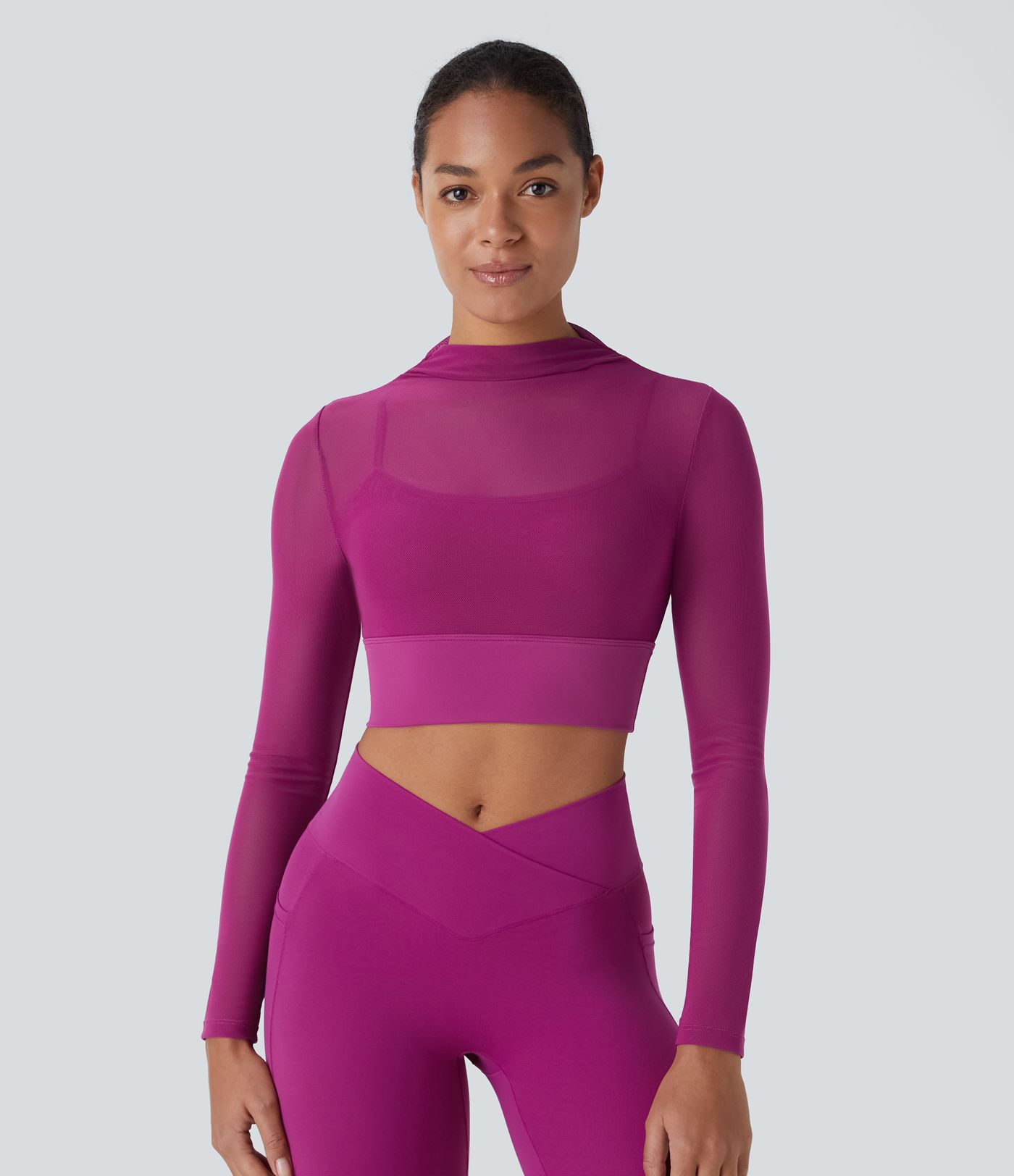 Contrast Mesh Long Sleeve 2-in-1 Cropped Yoga Sports Top