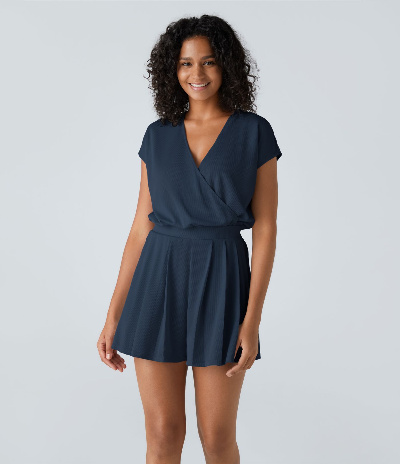 V Neck Short Sleeve Pocket Waffle Casual Romper