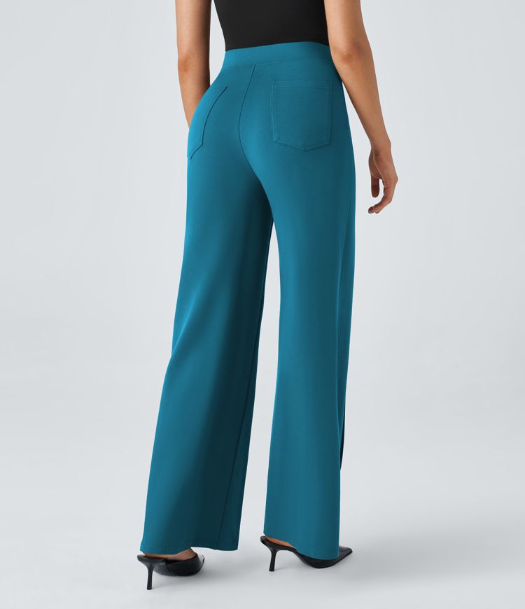 High Waisted Button Pocket Wide Leg Work Pants