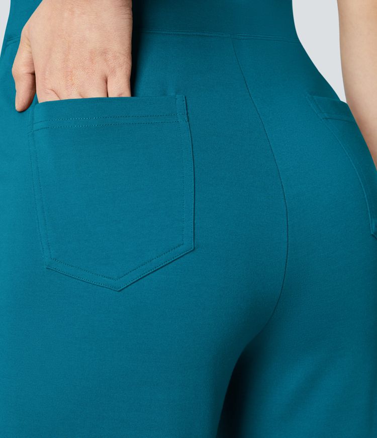 Pantalones oficina pierna ancha bolsillo botón tiro alto