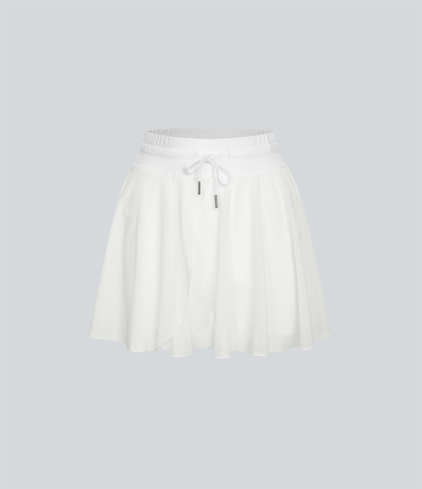 High Waisted Drawstring Contrast Mesh 2-in-1 Pocket Flowy Mini Flare Casual Skirt