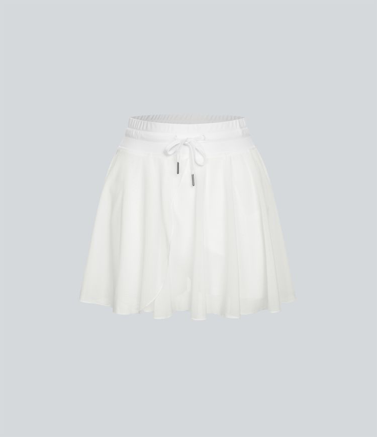 High Waisted Drawstring Contrast Mesh 2-in-1 Pocket Flowy Mini Flare Casual Skirt