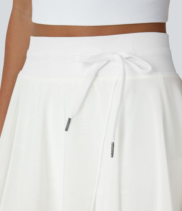 High Waisted Drawstring Contrast Mesh 2-in-1 Pocket Flowy Mini Flare Casual Skirt