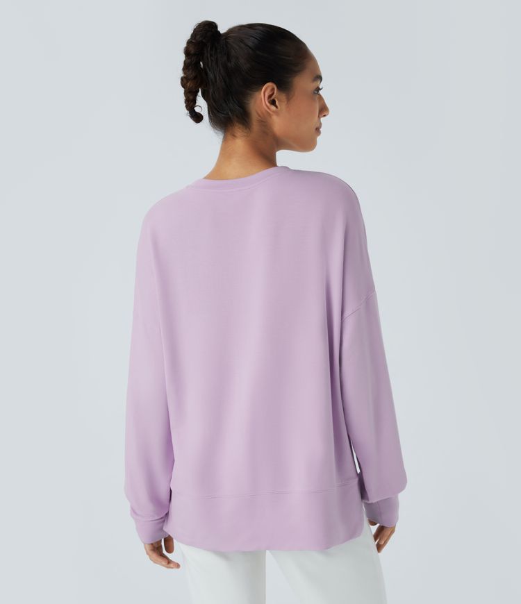 Round Neck Drop Long Sleeve Front Side Pocket Split High Low Oversized Casual Sweatshirt