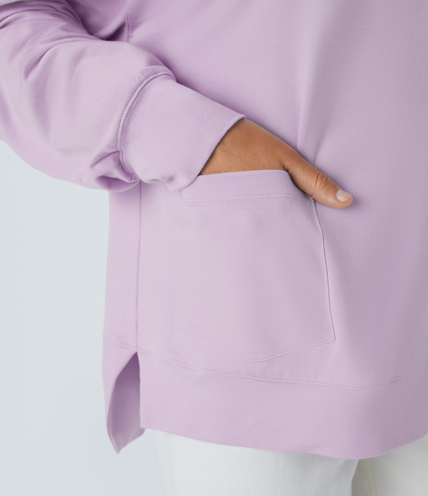 Round Neck Drop Long Sleeve Front Side Pocket Split High Low Oversized Casual Sweatshirt