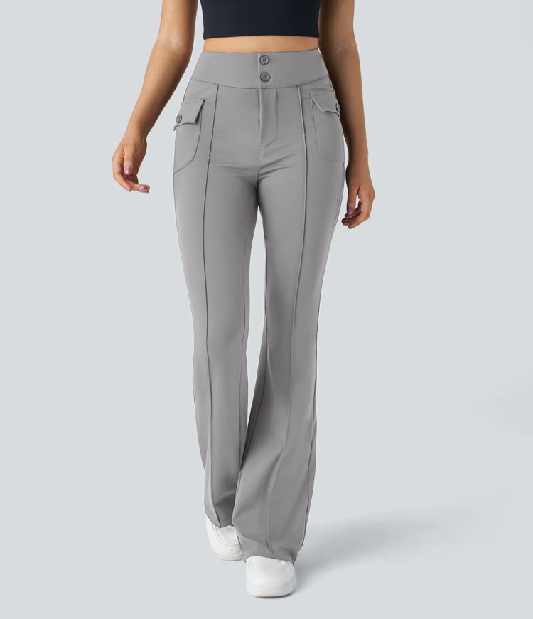 High Waisted Side Flap Pocket Flare Casual Cargo Pants