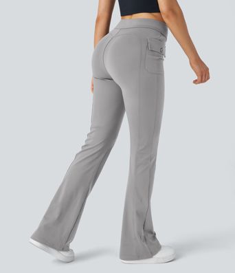 High Waisted Side Flap Pocket Flare Casual Cargo Pants