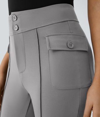 High Waisted Side Flap Pocket Flare Casual Cargo Pants