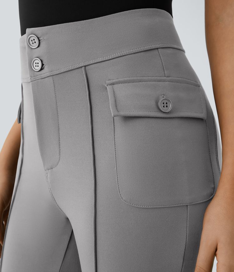 High Waisted Side Flap Pocket Flare Casual Cargo Pants