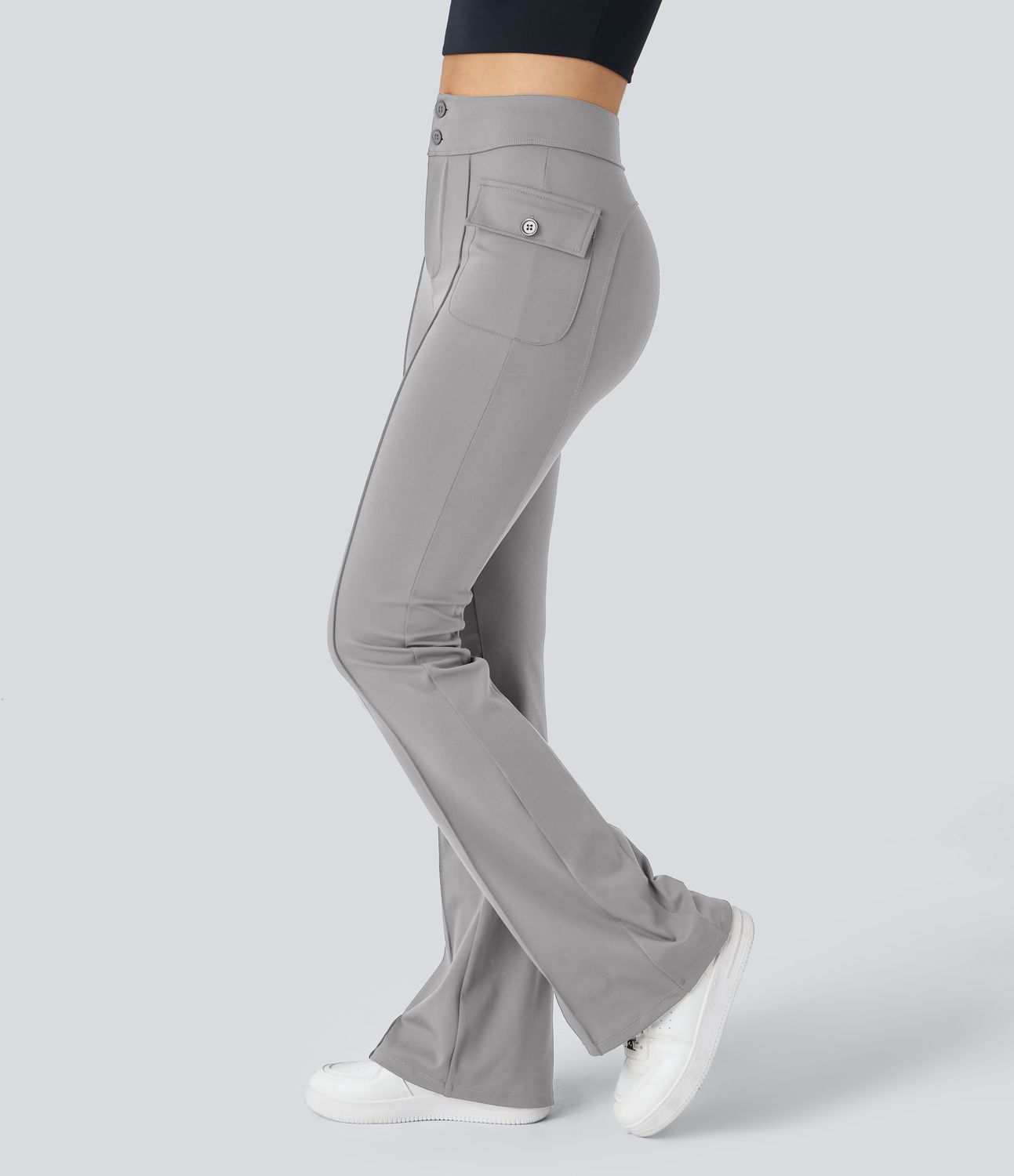 High Waisted Side Flap Pocket Flare Casual Cargo Pants