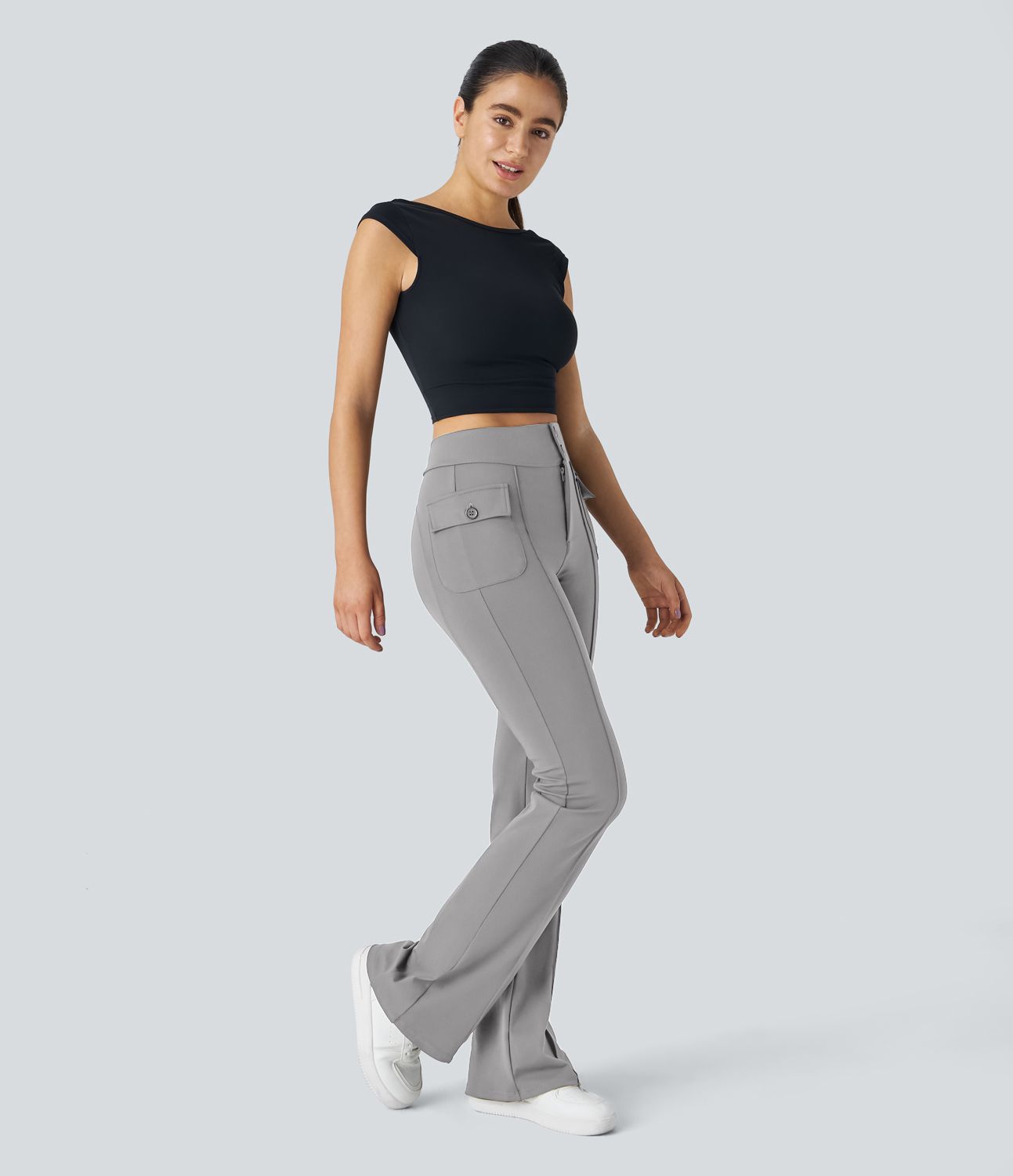 High Waisted Side Flap Pocket Flare Casual Cargo Pants